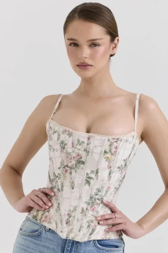 Cadie kremfarget blomstret bomullskorsetter-topper