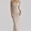 Calandra Taupe Stretch Crepe Ruched Maxi Kjoler