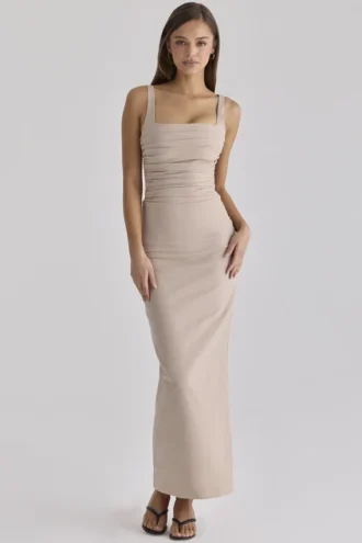 Calandra Taupe Stretch Crepe Ruched Maxi Kjoler