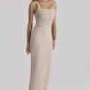 Calandra Taupe Stretch Crepe Ruched Maxi Kjoler