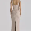 Calandra Taupe Stretch Crepe Ruched Maxi Kjoler