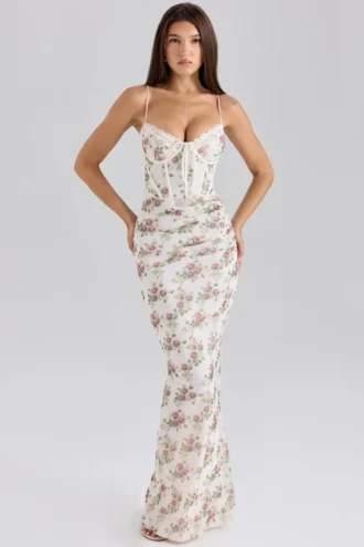 Calista kremfarget maxi-kjol med rosenprint