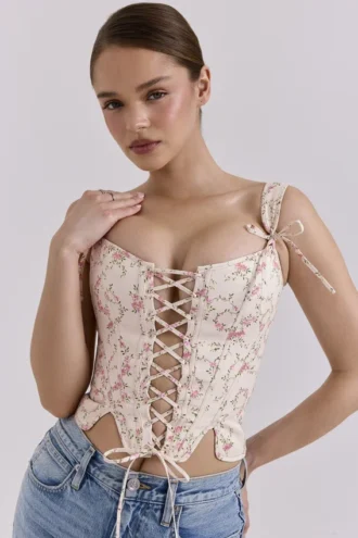 Callie kremfarget vintage blomstret bomullskorsetter Topper