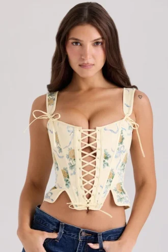 Callie Lemon Rose Print vendbar bomullskorsetter
