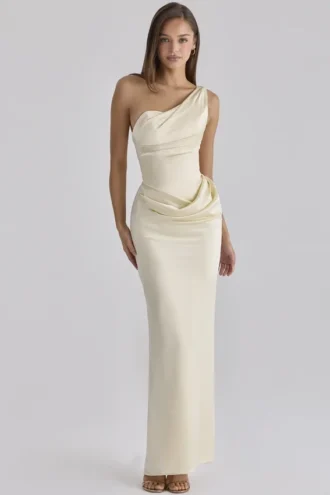 Caprice Lemon One Shoulder Satin Maxi Kjoler