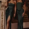 Carelle smaragdgrønn satengstrapless maxikjole