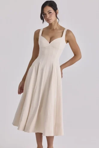 Carlotta Vintage Ivory Twill Silhouette Midi-kjoler
