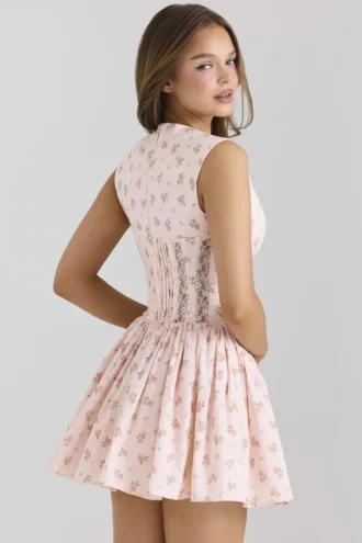 Carmel rosa minikjole i stretchbomull med blomstertrykk