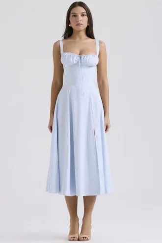 Carmen myk blå bomullsbustier-sommerkjole