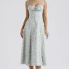 Carmen myk blå vintage blomstertrykk bomulls bustier-sommerkjole