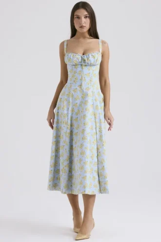 Carmen myk blå vintage blomstertrykk bomulls bustier-sommerkjole