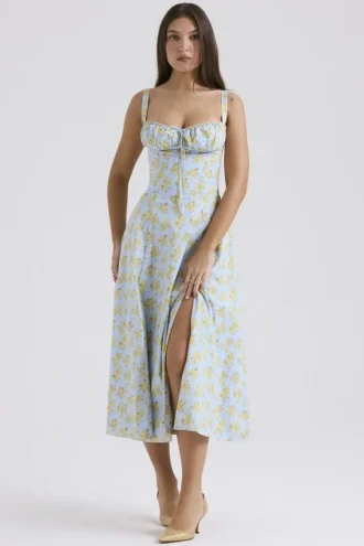Carmen myk blå vintage blomstertrykk bomulls bustier-sommerkjole