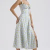 Carmen myk blå vintage blomstertrykk bomulls bustier-sommerkjole