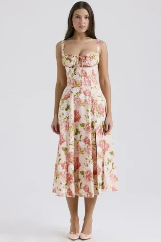 Carmen rosa peon-printet bomullsbustier-sommerkjoler