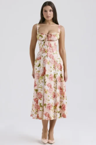 Carmen rosa peon-printet bomullsbustier-sommerkjoler