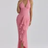 Carmine Raspberry Mesh Halter Neck Waterfall Maxi Kjoler