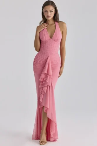 Carmine Raspberry Mesh Halter Neck Waterfall Maxi Kjoler