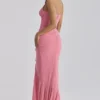 Carmine Raspberry Mesh Halter Neck Waterfall Maxi Kjoler