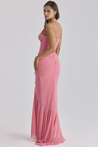 Carmine Raspberry Mesh Halter Neck Waterfall Maxi Kjoler