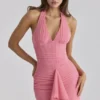 Carmine Raspberry Mesh Halter Neck Waterfall Maxi Kjoler