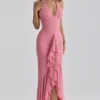 Carmine Raspberry Mesh Halter Neck Waterfall Maxi Kjoler