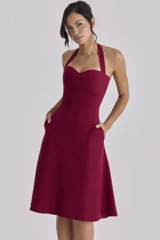 Carolla vinrød myk twill halterneck midikjole