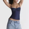 Cecilie marineblå sateng- og blonder-cami-topper