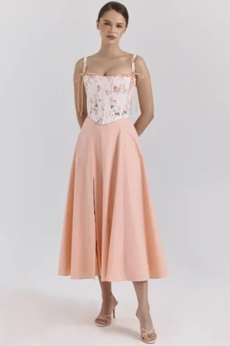 Clarabelle Peach Cotton avtakbar korsett-midilengde Sommerkjoler