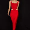 Colette Scarlet Satin Midi-skjørt med lav midje