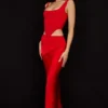 Colette Scarlet Satin Midi-skjørt med lav midje