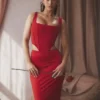 Colette Scarlet Satin Midi-skjørt med lav midje