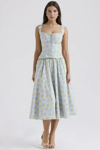Cora myk blå vintage blomstertrykk bomulls midi-skjørt