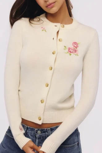 Daisie elfenben ull + kashmir Cardigan med blomsterbroderi