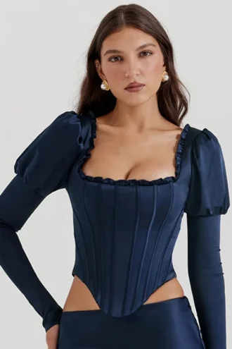 Dana Navy Puff Sleeve Korsetter