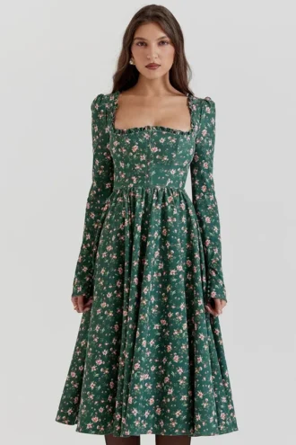Delia grønn midikjole med blomstertrykk