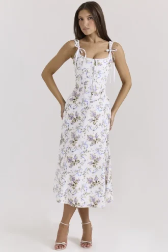 Dionne Off White Midi-kjol i bomull med blomstertrykk