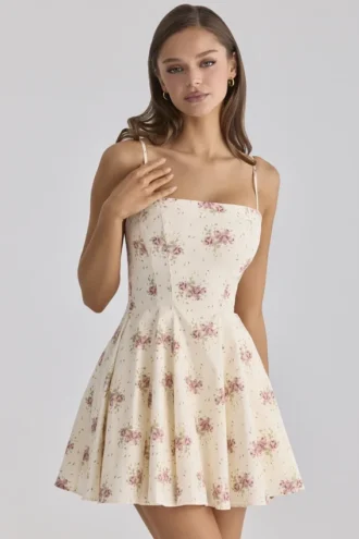 Dolly Ivory Vintage Rose Print Cotton Flared Mini Sommerkjoler