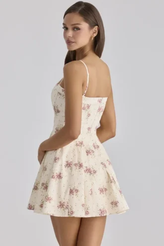 Dolly Ivory Vintage Rose Print Cotton Flared Mini Sommerkjoler