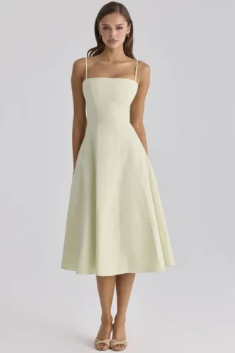Dolly Matcha Green Cotton Flared Midi Sommerkjoler