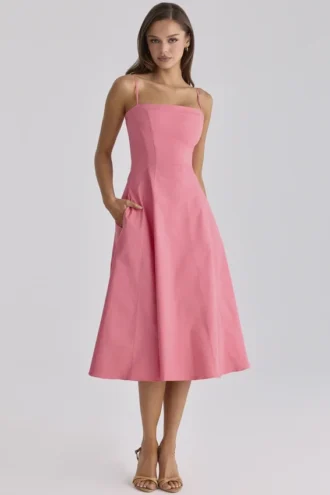 Dolly Raspberry Cotton Flared Midi Sommerkjoler