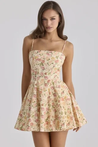 Dolly Warm Rose Print Cotton Flared Mini Sommerkjoler