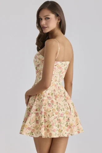 Dolly Warm Rose Print Cotton Flared Mini Sommerkjoler