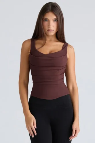Drape Neck Chocolate Korsetter Top
