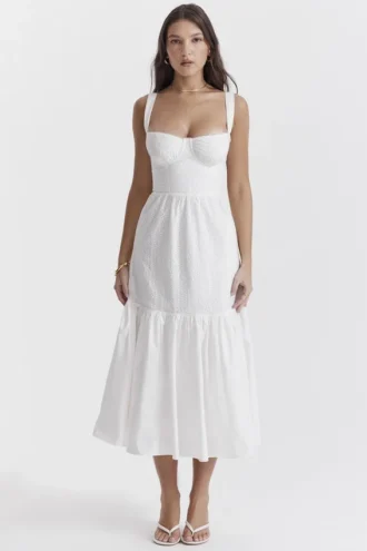 Elia hvit midi-sommerkjol med broderie anglaise