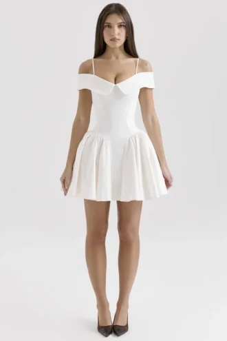 Elida hvit twill-minikjole med bare skuldre