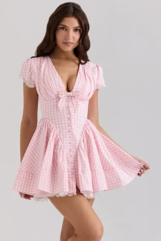 Emiliana rosa bomullsminikjole med gingham-mønster