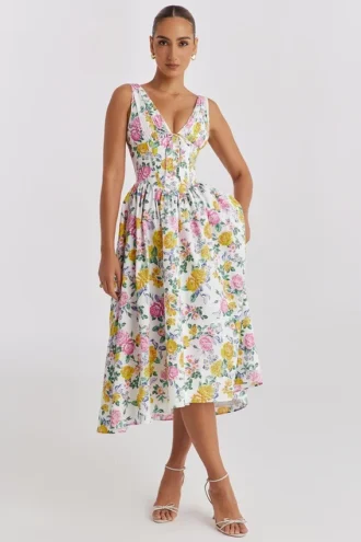 Emmelina hvit vintage rose-print bomullskorsetter-sommerkjoler