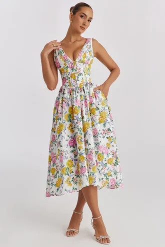 Emmelina hvit vintage rose-print bomullskorsetter-sommerkjoler