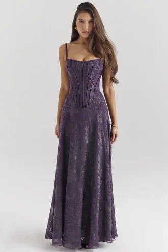 Esme Grape Lurex Chiffon Maxi Kjoler