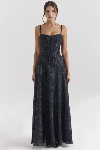 Esme midnattsblå lurex-chiffong-maxidress